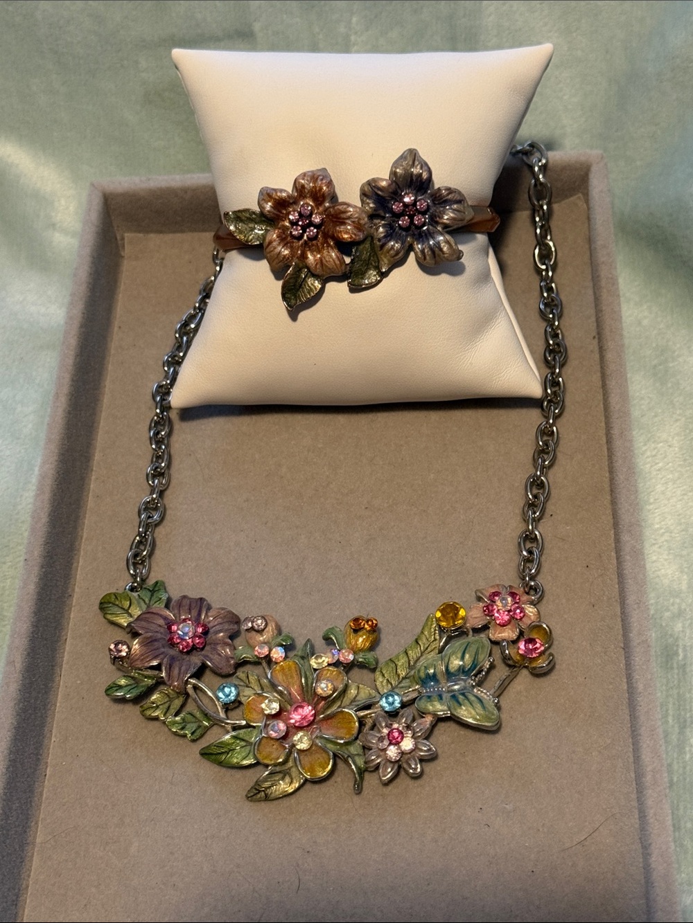 Multicolor Floral Crystal Necklace and Matching Bracelet in Pastel Garden Hues